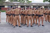 Operação Terminal Seguro, fotografias da preleção no pátio da APMG, preparação das viaturas, policiamento nos terminais