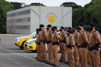 Operação Terminal Seguro, fotografias da preleção no pátio da APMG, preparação das viaturas, policiamento nos terminais