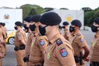 Operação Terminal Seguro, fotografias da preleção no pátio da APMG, preparação das viaturas, policiamento nos terminais