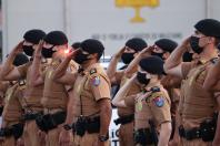 Operação Terminal Seguro, fotografias da preleção no pátio da APMG, preparação das viaturas, policiamento nos terminais