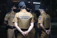 Operação Terminal Seguro, fotografias da preleção no pátio da APMG, preparação das viaturas, policiamento nos terminais